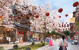 Phối cảnh phố đi bộ Hàn Quốc tại K-Town, giao thoa giữa văn hoá truyền thống và hiện đại tại xứ sở kim chi.
