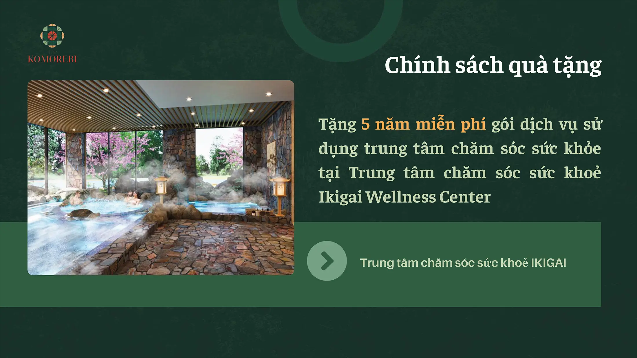 Tặng 5 năm miễn phí gói sử dụng dịch vụ tại trung tâm chăm sóc sức khỏe Ikigai Wellness Center. Tặng 5 năm miễn phí gói sử dụng dịch vụ tại trung tâm chăm sóc sức khỏe Ikigai Wellness Center.