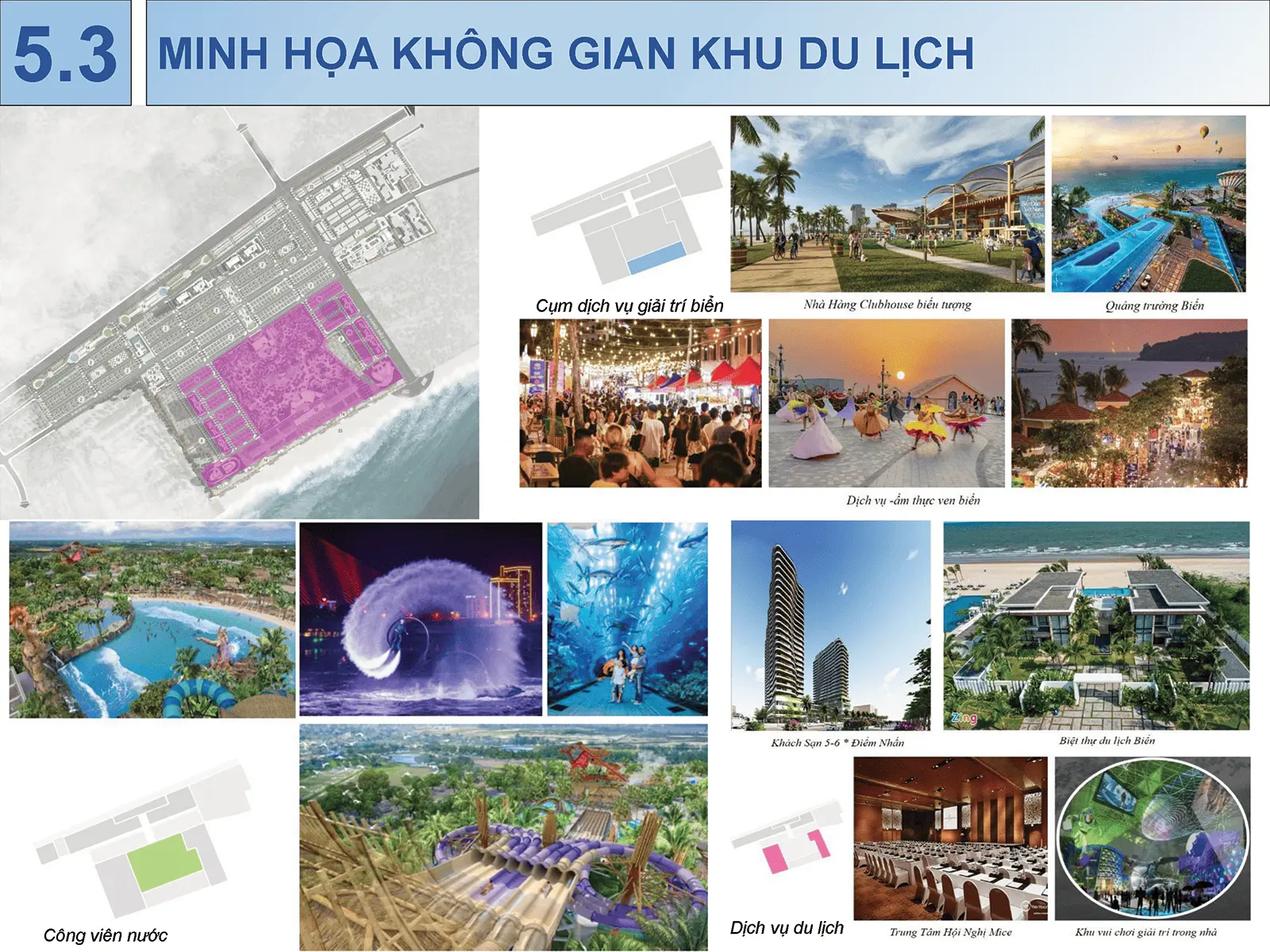 Minh hoạ khu du lịch đa dạng tại dự án Sun Group Vũng Tàu với công viên nước, khách sạn, và nhà hàng ven biển.