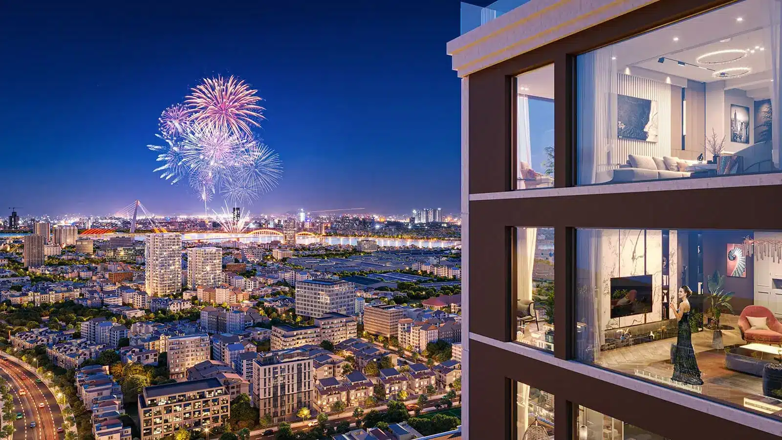 Quang cảnh thành phố và pháo hoa đêm từ căn hộ Sun Costa Residences Đà Nẵng, mang lại cuộc sống thăng hoa và đầy cảm hứng.